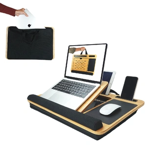 Bamboo Laptop Lap Desk with Cushion, Angle Adjustable and Sleeve Case Bag for Office and Home