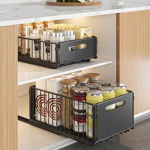 2 Pack Pullout Cabinet Kitchen Organizer Drawers with No-Drilling and Adhesive Design for Pantry & Cabinets