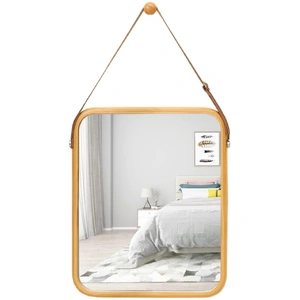 Hanging Wall Mirror with Bamboo Frame with Adjustable Leather Strap for Bathroom, Bedroom, Vanity or Entryway (40x33 cm)