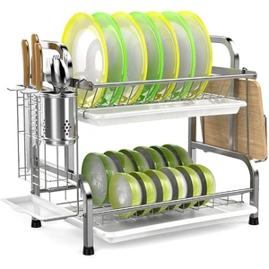 Stainless Steel 2-Tier Dish Drying Rack with Utensil Holder, Cutting Board Holder and Dish Drainer for Kitchen Counter (Silver)