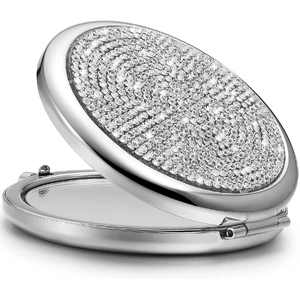 Mini Small Diamond 1X/2X Magnifying Round Metal Pocket Makeup Mirror (Silver)