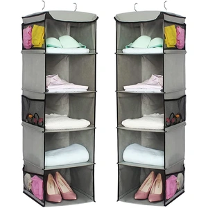 2 Pack 5 Foldable Shelf Hanging Closet Organizer Space Saver with Side Accessories Pockets for Clothes Storage