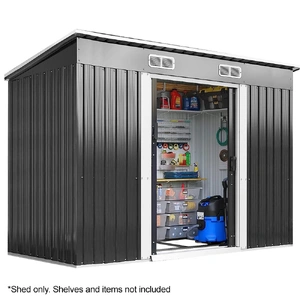 PlantCraft Galvanised Steel Garden Shed 2.38 x 1.31 x 1.82m, with 2 Sliding Doors, 2 Air Vents, Skillion Roof, Floor Frame