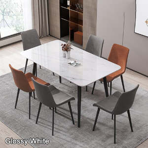 120 x 60cm Glossy White Minimalist Slate Kitchen Dining Table Marble Lunch Dinner Table Solid Metal Legs