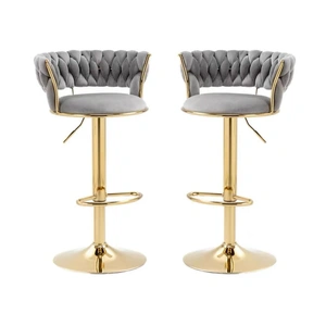 2x Height Adjustable Swivel Bar Stool Velvet Golden Base Barstools Chairs Padded Seat- Grey