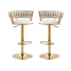 2x Height Adjustable Swivel Bar Stool Velvet Golden Base Barstools Chairs Padded Seat- Beige