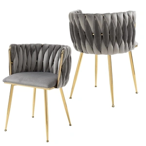 SERENITà Grey Modern Hand Weaving Dining Chairs,Velvet Upholstered Side Chairs with Gold Legs, Chic Vanity Chairs with Armrest, Accent Chair for Dinin
