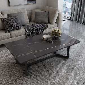 120x60cm Matte Black Minimalist Slate Coffee Table Marble Tea Table Living Room Rectangle Cocktail Side Table Solid Metal Legs