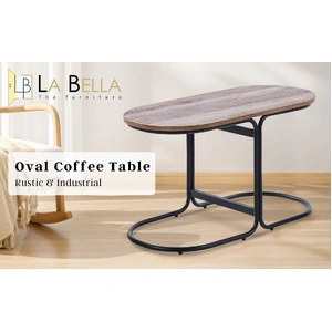 Coffee Table Oval Wooden Top Iron Metal Base Side End Table - Brown