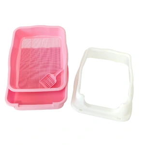 Large Deep Cat Kitty Litter Tray High Wall Pet Toilet Grid Tray With Scoop Pink