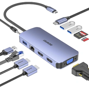 000359GY 11-in-1 USB C Hub Triple Display Docking Station Dual HDMI, VGA, 3xUSB 3.0, 10Gbps
