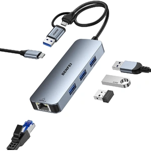 000386GY USB-C + USB 3.0 to Gigabit RJ45 + 3 Port USB 3.0 Hub Compatible with Mac