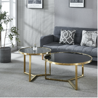 Designer Giselle Black Glass & Brushed Gold Coffee Table Set