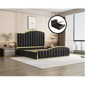 King Size Elegant Luxury Bedframe with Gas Lift Storage Black Velvet Fabric Golden Trim