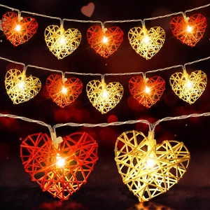 50 Red and White 3D Hollowed Rattan Heart-Shaped 5M LONG String Fairy Lights, Battery (AA) Indoor & Outdoor Decorations Wedding Valentines Romantic Ro