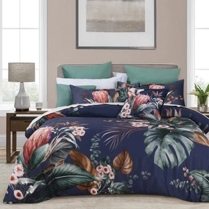 Balwyn Navy Cotton Sateen Botanical Quilt Cover Set Super King