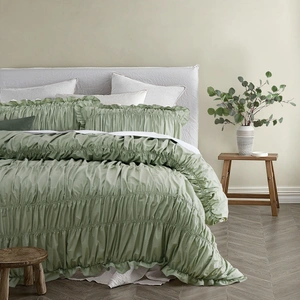 Haven Sage Washed Cotton Ruched Quilt Cover Set Double