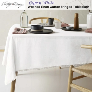 Vintage Design Homewares Gypsy Natural Fringed Washed Linen Cotton Tablecloth 130cm x 180cm