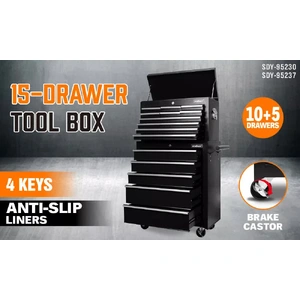 Black15 Drawer Tool Box Trolley Cabinet Storage Cart Garage Toolbox Organiser