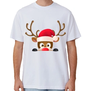 100% Cotton Christmas T-shirt Adult Unisex Tee Tops Funny Santa Party Custume, Reindeer Head (White), S