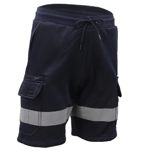 Hi Vis Fleece Work Cargo Shorts w Reflective Tape Workwear Tradie Utility Pants, Navy, XL