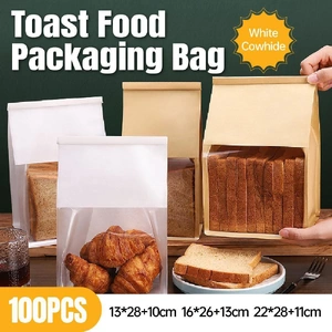 100x Kraft Paper Flat Bottom Cake Packaging Toast Bread Bags With Window Cowhide - 13X28+10CM
