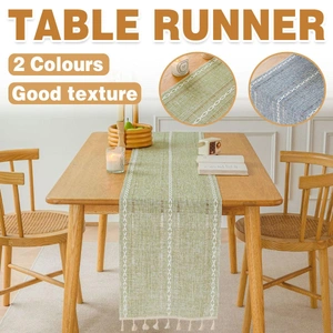 Solid Colour Woven Hollow Fringe Table Runner Home Dining Tablecloth Decoration - 33 x 183cm-Green