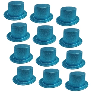 12x GLITTER TOP HAT Fancy Party Plastic Costume Tall Cap Fun Dress Up BULK - Sky Blue