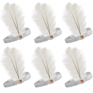 6x 1920s FLAPPER HEADBAND Headpiece Feather Sequin Charleston Costume Party BULK - White