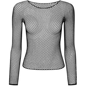 LONG SLEEVE FISHNET TOP Blouse T Shirt Tee Costume Party See Through - Black