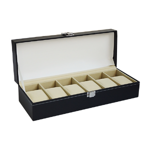 6 Slot Mens Watch Display Case Box Black PU Leather