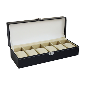 6 Slot Mens Watch Display Case Box Black PU Leather