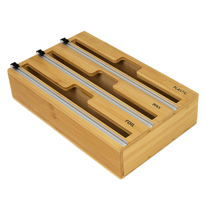 3 Grids Bamboo Food Wrap Dispenser Cutter Foil Cling Film Storage Holder Box Kitchen