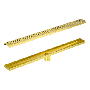 1200mm Bathroom Shower Brushed Brass Grate Drain w/ Centre outlet Floor Waste Square Pattern