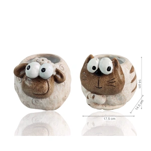 Set 2 Ceramic Sheep & Cat Planter 15cm