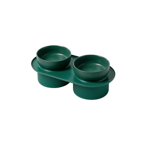 24x Ribbed Ceramic Double Pet Bowl 3pc Set - Emerald