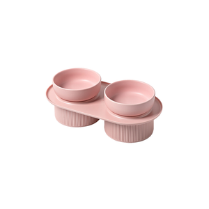 24x Ribbed Ceramic Double Pet Bowl 3pc Set - Pink
