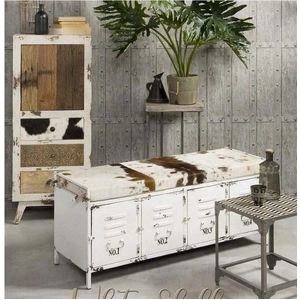 COWHIDE IRON LOCKER BENCH
