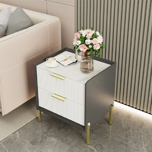 3 Tier Leather Sides Bedside Table Wooden Nighstand Marble Top Luxury Furniture