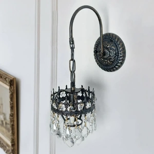 Vintage Wall Light Sconce with Clear Crystals, Black and Gold Glass Wall Lamp, 3-Mode Dimmable LED E14 Lighting Fixture for Home, Bathroom, Dining Roo