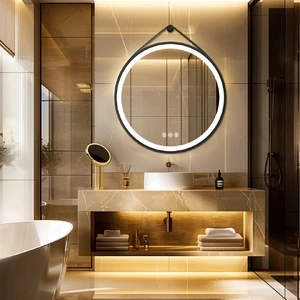 Round 700mm LED Bathroom Mirror with Leather Strap - Anti-Fog Dimmable Backlit Vanity Mirror - Wall Hanging Lighted Mirror
