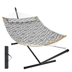 VEVOR Two Person Hammock with Stand Included, Double Hammock with Curved Spreader Bar and Detachable Pillow and Portable Carrying Bag, Perfect for Out