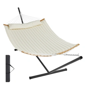 VEVOR Two Person Hammock with Stand Included, Double Hammock with Curved Spreader Bar and Detachable Pillow and Portable Carrying Bag, Perfect for Out