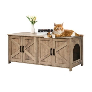 VEVOR Cat Litter Box Enclosure Wooden Litter Box Furniture Hidden 2 Rooms Greige