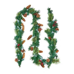 Christmas Garland, 2750mm Artificial Christmas Garland with Light String, Faux Greenery Decoration with Berry Clusters, Pine Needles, Pine Cones, Real
