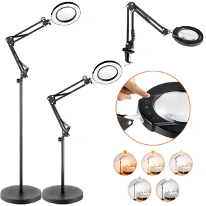Magnifying Floor Lamp, 5X Standing Magnifying Glass with Light, Height Adjustable Floor Magnifier with Light, Flexible Arm, 3-in-1 LED 5 Color Modes S