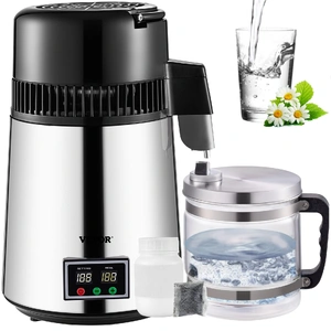 1.1 Gal Water Distiller, 0.3 Gal/H, 750W Distilled Water Maker Machine 0-99H Timing Set Temp Display, 304 Stainless Steel Countertop Distiller Glass C
