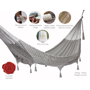 Outdoor undercover cotton Mayan Legacy hammock with hand crocheted tassels Queen Size Dream Sands