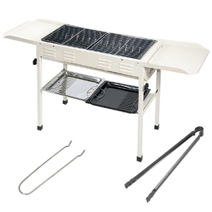 Portable Large Barbecue Charcoal Grill Stove Foldable Kebab Stainless Steel BBQ Grill With 2 Grill Nets 2 Enamel Baking Pans And Tong Outdoor Camping 