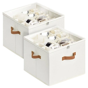 2 Pack Shoe Organizer Zipper Clear Lid Fabric Shoe Storage Box Space Saving Beige Shoe Holder for Closet and Adjustable Dividers Fits up to 16 Pairs